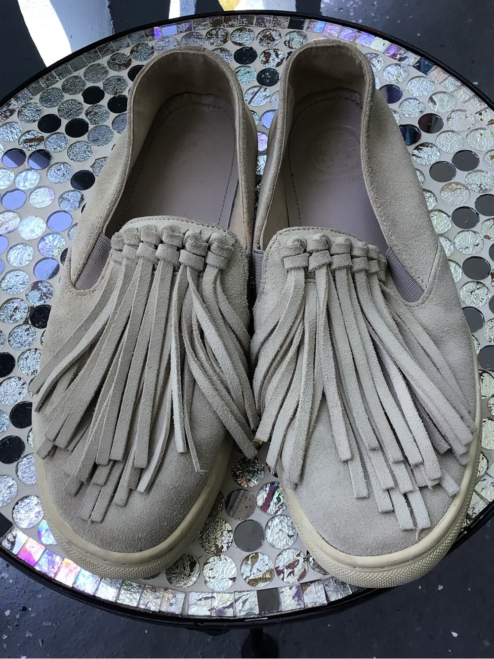 Tory Burch Fria Suede Tassel Slip-On Flats in Beige